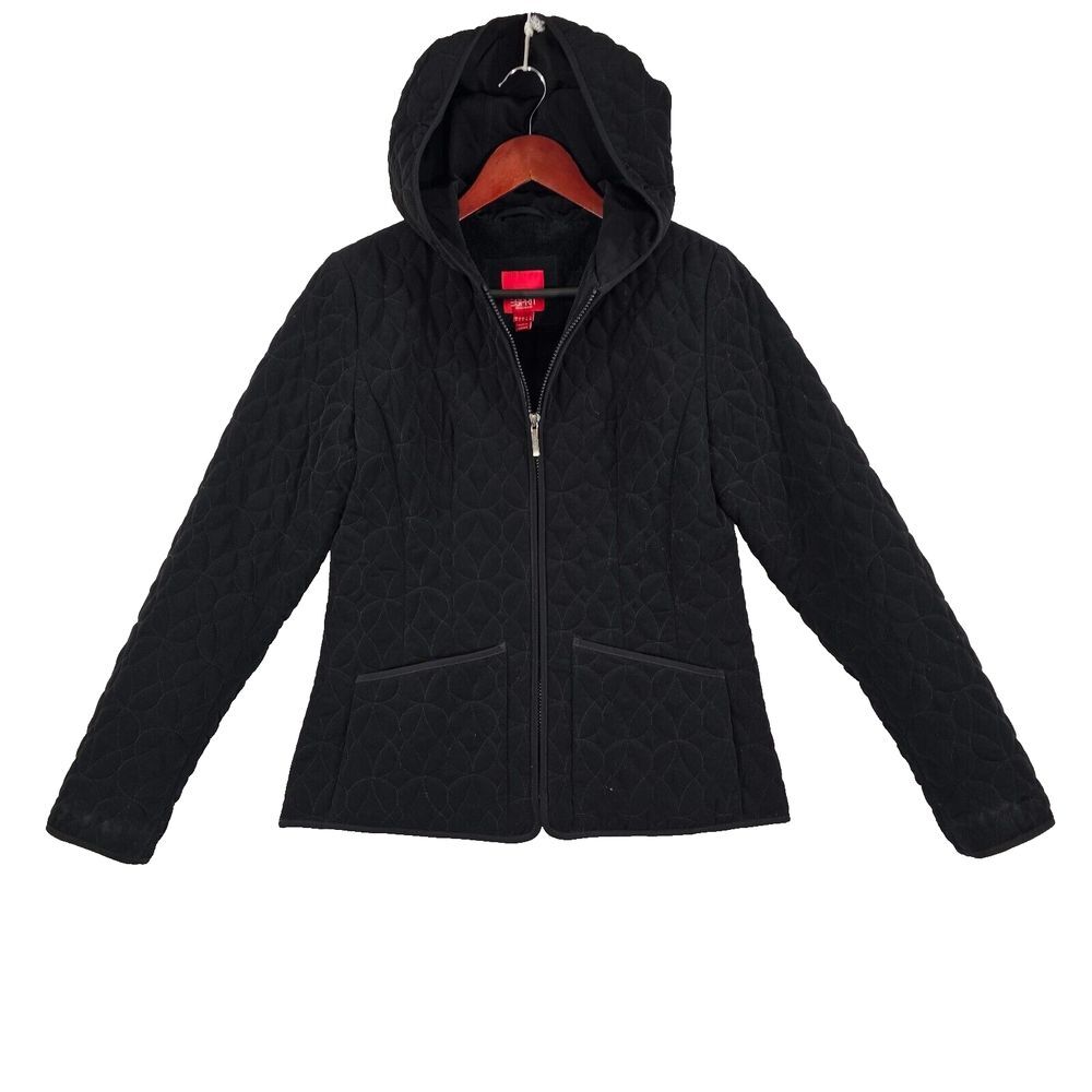 Esprit Womens Quilted Jacket Full Zip Hooded Long‎ Sleeves Lined Pockets Black S